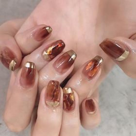 24 pcs Golden Tip Brown Square Press On Nails - Full Cover Static Nails for Women - Acrylic False Nail Kit (Color: Coffee)