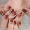 24 pcs Golden Tip Brown Square Press On Nails - Full Cover Static Nails for Women - Acrylic False Nail Kit